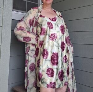 90s Lane Bryant 2 Piece Robe And Satin Slip Dress Rose Print Plus Size 26 / 28